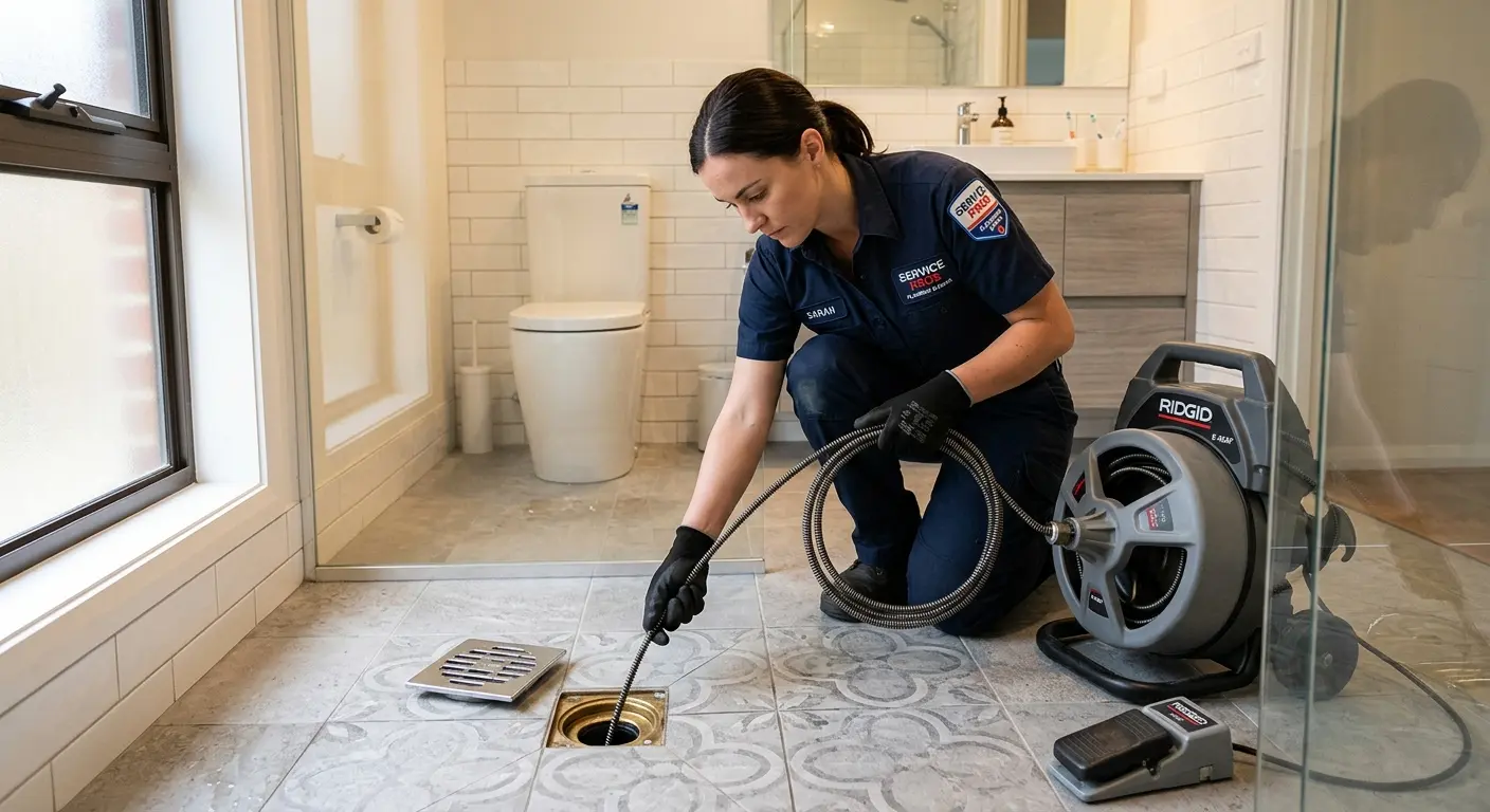 Technician clearing a bathroom floor drain for Drain Repair in Dover